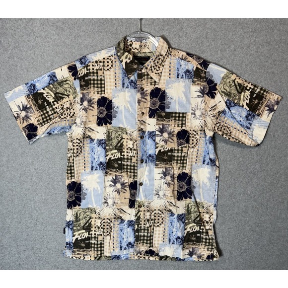 Galyan's Shirt Mens Medium Blue Beige Hawaiian Linen Blend‎ Short Sleeve Floral - Picture 1 of 7